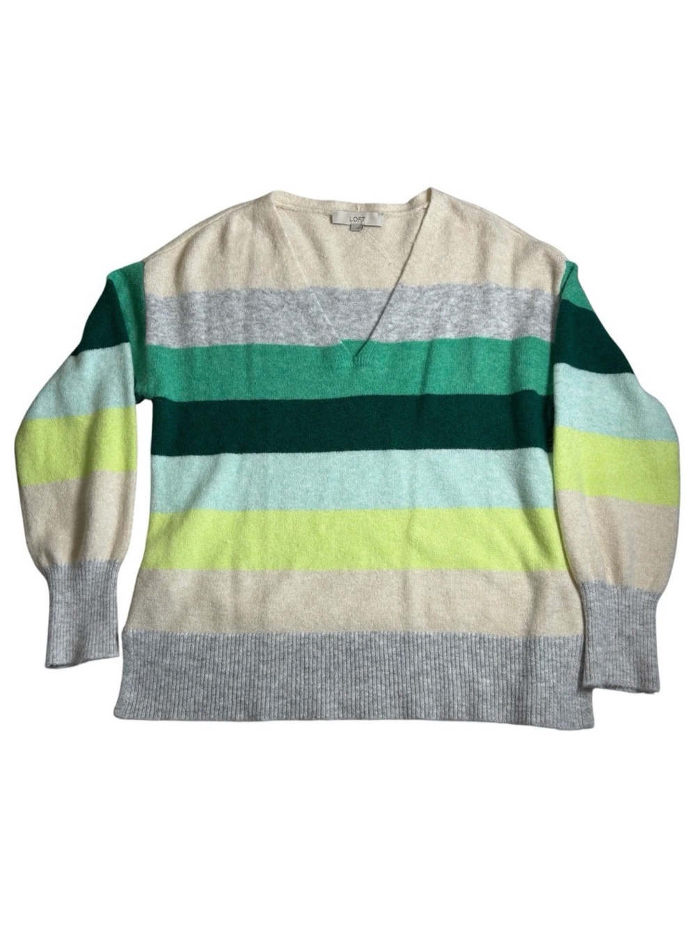 LOFT Striped V Neck Sweater Long Sleeve Green Cream Gray Striped Womens Large - Picture 2 of 9